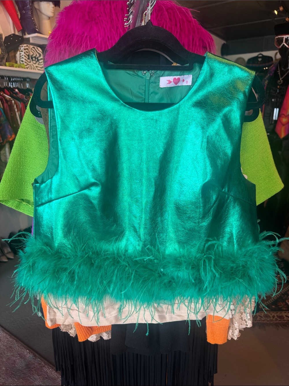 Buddy Love Green Metallic Faux Leather Feather Trim Party Top